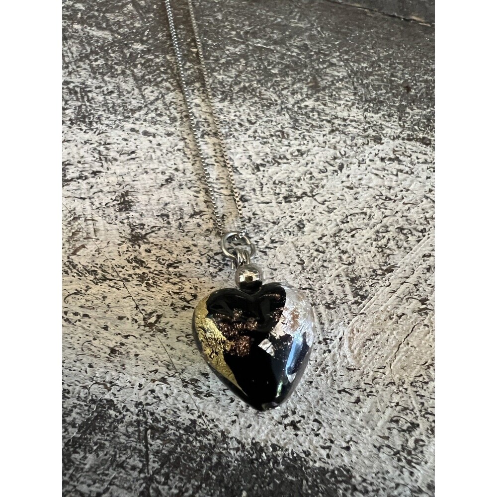 Black and Gold Heart Pendant Necklace And Earring Set. .925 Silver Chain. Onyx